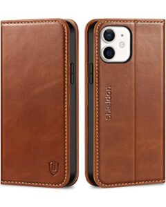 shieldon wallet case for iphone 12 5g, genuine leather folio case magnetic shock absorbing case rfid blocking credit card holder kickstand compatible with iphone 12/12 pro 6.1" - retro brown