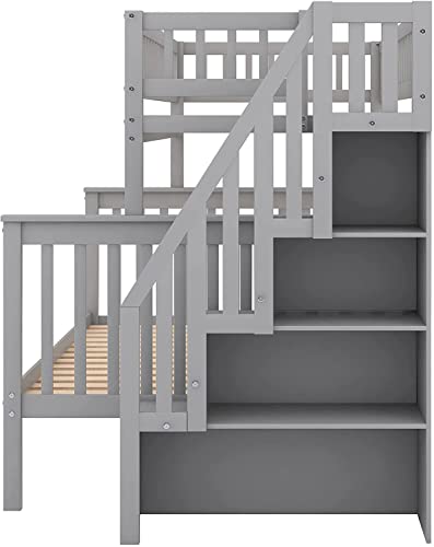 DNYN Stairway Twin-Over-Full Bunk Bed with Storage Shelves & Guardrail for Dorm,Kids Bedroom,Solid Pine Wood Bedframe,Space Saving Design & No Box Spring Needed, Grey