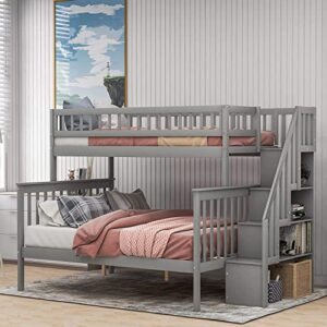 dnyn stairway twin-over-full bunk bed with storage shelves & guardrail for dorm,kids bedroom,solid pine wood bedframe,space saving design & no box spring needed, grey