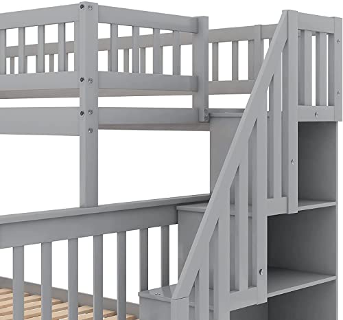 DNYN Stairway Twin-Over-Full Bunk Bed with Storage Shelves & Guardrail for Dorm,Kids Bedroom,Solid Pine Wood Bedframe,Space Saving Design & No Box Spring Needed, Grey