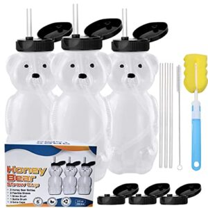 honey bear straw cup set - 3 honey bear cup w/ 3 extra caps, bottle brush & straw brush | sippy cup squeeze teddy bear cup with straw, talk therapy tools honey bear drinking cup | honeybearcup baby