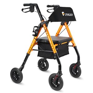 flyingjoy folding rollator walker with seat and extra wide backrest, rollators with all terrain large 8-inch wheels for seniors, rolling walkers with cup & cane holder, supports up to 300 lbs (orange)