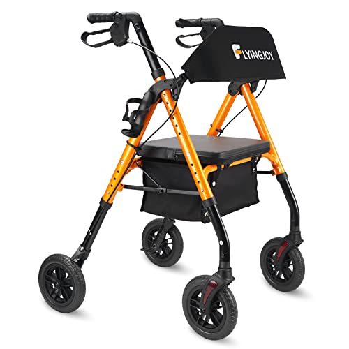 FlyingJoy Folding Rollator Walker with Seat and Extra Wide Backrest, Rollators with All Terrain Large 8-inch Wheels for Seniors, Rolling Walkers with Cup & Cane Holder, Supports up to 300 lbs (Orange)