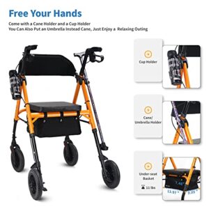 FlyingJoy Folding Rollator Walker with Seat and Extra Wide Backrest, Rollators with All Terrain Large 8-inch Wheels for Seniors, Rolling Walkers with Cup & Cane Holder, Supports up to 300 lbs (Orange)