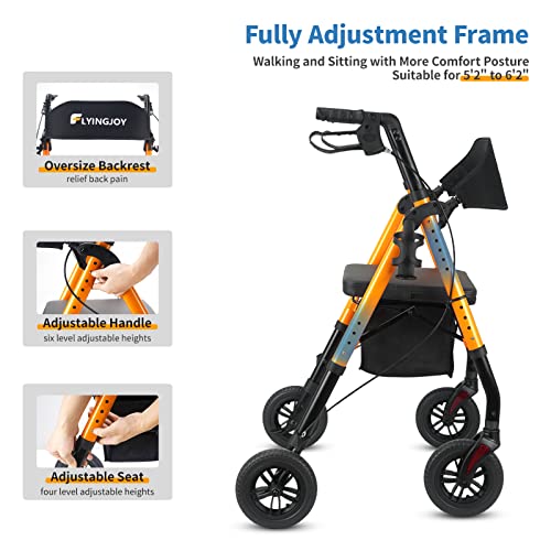 FlyingJoy Folding Rollator Walker with Seat and Extra Wide Backrest, Rollators with All Terrain Large 8-inch Wheels for Seniors, Rolling Walkers with Cup & Cane Holder, Supports up to 300 lbs (Orange)