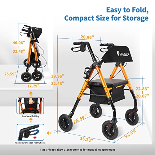 FlyingJoy Folding Rollator Walker with Seat and Extra Wide Backrest, Rollators with All Terrain Large 8-inch Wheels for Seniors, Rolling Walkers with Cup & Cane Holder, Supports up to 300 lbs (Orange)