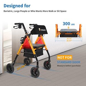 FlyingJoy Folding Rollator Walker with Seat and Extra Wide Backrest, Rollators with All Terrain Large 8-inch Wheels for Seniors, Rolling Walkers with Cup & Cane Holder, Supports up to 300 lbs (Orange)