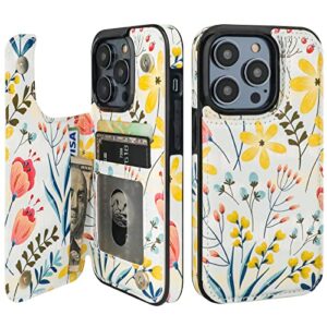 haopinsh for iphone 14 pro wallet case with card holder, floral flower pattern back flip folio pu leather kickstand card slots case for women girls, double magnetic clasp shockproof cover 6.1"