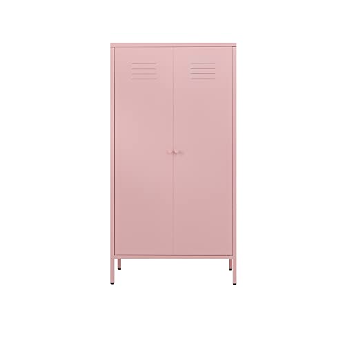 LINGZOE 2 Magnetic Doors Steel Wardrobe Kids Closet Storage Accent Cabinet with Hanging Rod and 2 Laminate,Metal Children Tall Storage lockers Armoire with Leg for Home Bedroom,Laundry Room