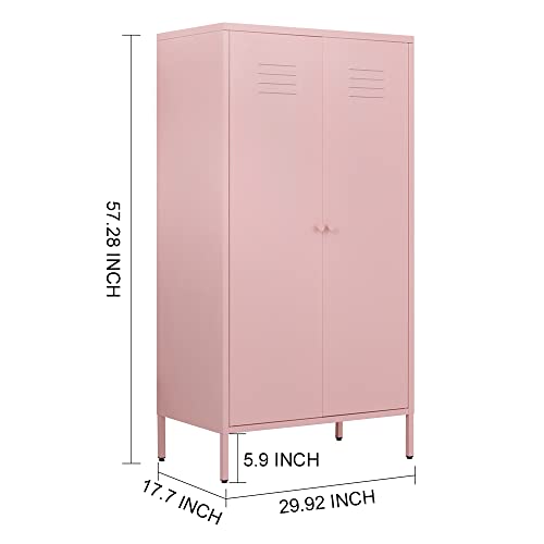 LINGZOE 2 Magnetic Doors Steel Wardrobe Kids Closet Storage Accent Cabinet with Hanging Rod and 2 Laminate,Metal Children Tall Storage lockers Armoire with Leg for Home Bedroom,Laundry Room