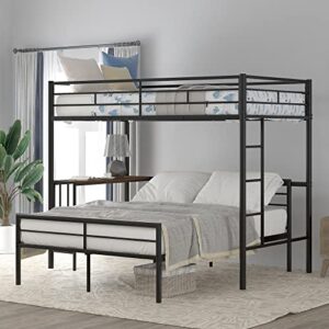moeo twin over full metal bed with desk and ladder for kids, adults, bedroom, steel bunk bedframe w/slats, no box spring needed, white, black