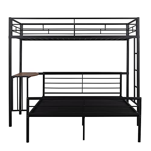 MOEO Twin Over Full Metal Bed with Desk and Ladder for Kids, Adults, Bedroom, Steel Bunk Bedframe w/Slats, No Box Spring Needed, White, Black