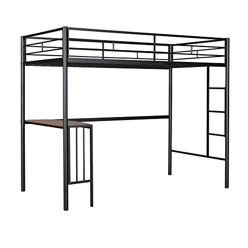 MOEO Twin Over Full Metal Bed with Desk and Ladder for Kids, Adults, Bedroom, Steel Bunk Bedframe w/Slats, No Box Spring Needed, White, Black