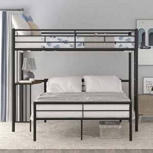 MOEO Twin Over Full Metal Bed with Desk and Ladder for Kids, Adults, Bedroom, Steel Bunk Bedframe w/Slats, No Box Spring Needed, White, Black