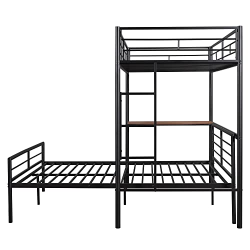 MOEO Twin Over Full Metal Bed with Desk and Ladder for Kids, Adults, Bedroom, Steel Bunk Bedframe w/Slats, No Box Spring Needed, White, Black