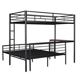 MOEO Twin Over Full Metal Bed with Desk and Ladder for Kids, Adults, Bedroom, Steel Bunk Bedframe w/Slats, No Box Spring Needed, White, Black