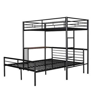 MOEO Twin Over Full Metal Bed with Desk and Ladder for Kids, Adults, Bedroom, Steel Bunk Bedframe w/Slats, No Box Spring Needed, White, Black