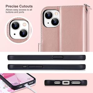 ULAK Compatible with iPhone 14 Plus Wallet Case with Card Holder, Flip iPhone 14 Plus Case for Women Girls PU Leather Kickstand Wrist Strap Shockproof Phone Case for iPhone 14 Plus 6.7'', Rose Gold