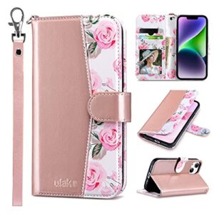 ulak compatible with iphone 14 plus wallet case with card holder, flip iphone 14 plus case for women girls pu leather kickstand wrist strap shockproof phone case for iphone 14 plus 6.7'', rose gold