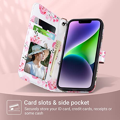 ULAK Compatible with iPhone 14 Plus Wallet Case with Card Holder, Flip iPhone 14 Plus Case for Women Girls PU Leather Kickstand Wrist Strap Shockproof Phone Case for iPhone 14 Plus 6.7'', Rose Gold