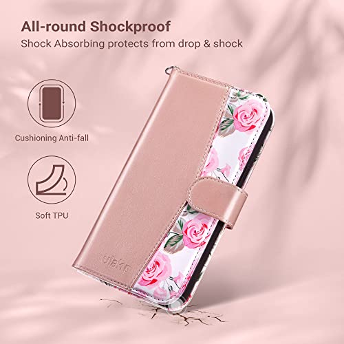 ULAK Compatible with iPhone 14 Plus Wallet Case with Card Holder, Flip iPhone 14 Plus Case for Women Girls PU Leather Kickstand Wrist Strap Shockproof Phone Case for iPhone 14 Plus 6.7'', Rose Gold