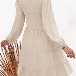 ZESICA Women's Casual V Neck Long Sleeve Smocked High Waist Ruffle A Line Tiered Mini Dress,Beige,Large