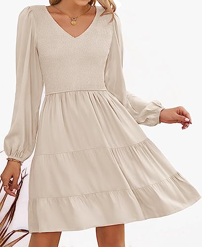 ZESICA Women's Casual V Neck Long Sleeve Smocked High Waist Ruffle A Line Tiered Mini Dress,Beige,Large