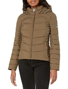 tommy hilfiger women hooded zip front short packable jacket, juniper, medium