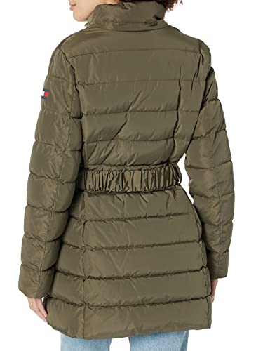 Tommy Hilfiger Women Fur Long Puffer Hooded Belt at Waist Jacket, Juniper, Small