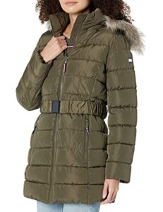 tommy hilfiger women fur long puffer hooded belt at waist jacket, juniper, small