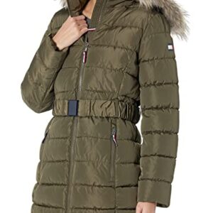 Tommy Hilfiger Women Fur Long Puffer Hooded Belt at Waist Jacket, Juniper, Small