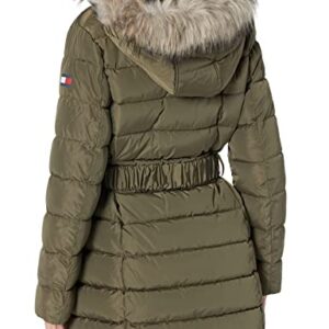 Tommy Hilfiger Women Fur Long Puffer Hooded Belt at Waist Jacket, Juniper, Small