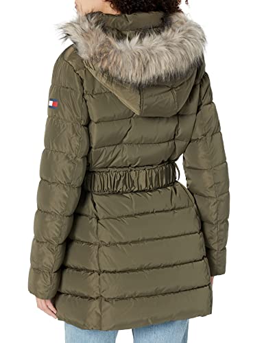 Tommy Hilfiger Women Fur Long Puffer Hooded Belt at Waist Jacket, Juniper, Small