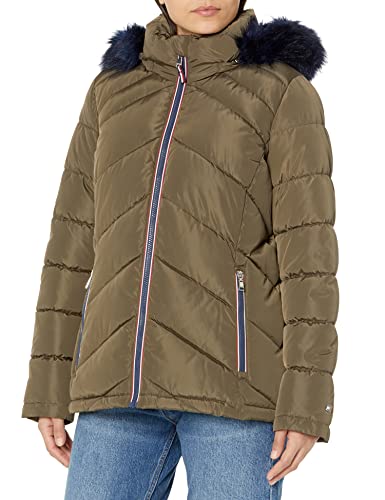 Tommy Hilfiger Women Contrast Zipper Fur Hood Short Puffer Jacket, Juniper, Large