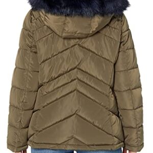 Tommy Hilfiger Women Contrast Zipper Fur Hood Short Puffer Jacket, Juniper, Large