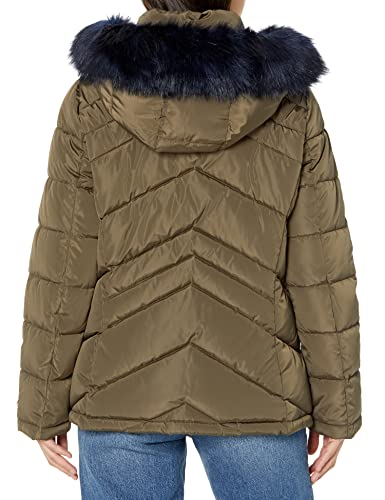 Tommy Hilfiger Women Contrast Zipper Fur Hood Short Puffer Jacket, Juniper, Large