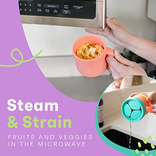 morepeas All-in-One Snack Cup & Bowl | Steam, Strain & Snack | Reversible Lid & Suction Base | No Mess Catcher Lid | Easy Grip Handle | Dishwasher, Microwave, Freezer Safe Silicone | Melon