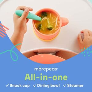 morepeas All-in-One Snack Cup & Bowl | Steam, Strain & Snack | Reversible Lid & Suction Base | No Mess Catcher Lid | Easy Grip Handle | Dishwasher, Microwave, Freezer Safe Silicone | Melon