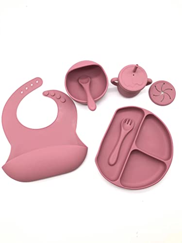 K-Universal Baby Feeding Bibs | 8pc Silicone for Babies Bib Bowl Plate Cup Fork Spoon Adjustable Divided Easily Wipe Clean Less Cleaning Time After Toddler & (Playful pink), One Size