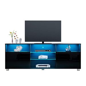 SUSSURRO LED TV Stand for 50/55 inch TV, Television Table Center Media Console with Drawer and Led Lights, High Glossy Modern Entertainment Center for Living Game Room Bedroom, Black