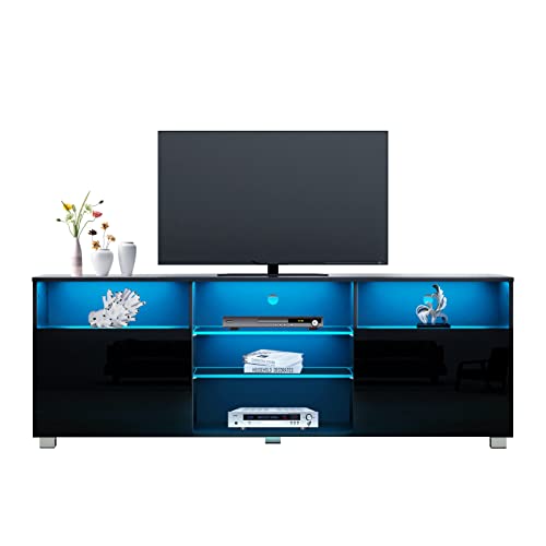 SUSSURRO LED TV Stand for 50/55 inch TV, Television Table Center Media Console with Drawer and Led Lights, High Glossy Modern Entertainment Center for Living Game Room Bedroom, Black