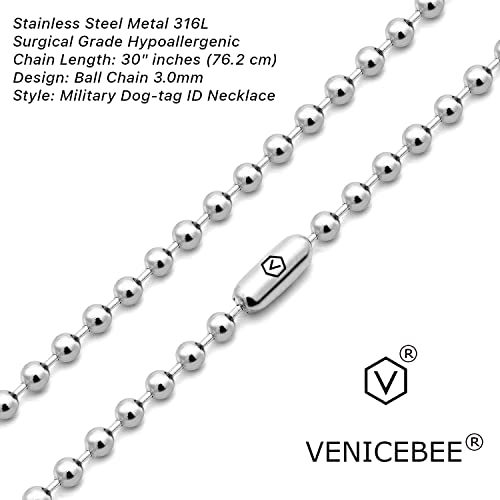 VENICEBEE Best Stainless Steel Ball Chain Medical Grade 316L Surgical Metal Dog-Tag ID Military Necklace 30" INCHES 3MM Wide Resizable 30 inch + Velvet Pouch - HYPOALLERGENIC LEAD-FREE METAL