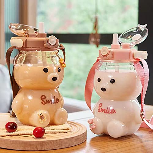 Xigugo Kawaii Bear Straw Bottle,Cute Water Bottles with Adjustable & Removable Shoulder Strap, Large capacity Straw Bottle for Outdoor and School Activities (brown 32oz)
