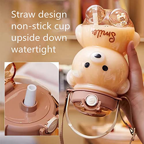 Xigugo Kawaii Bear Straw Bottle,Cute Water Bottles with Adjustable & Removable Shoulder Strap, Large capacity Straw Bottle for Outdoor and School Activities (brown 32oz)