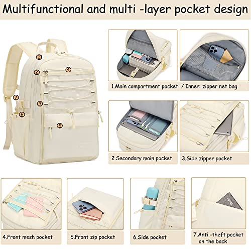 Woyiyaan Laptop Backpack for Women Girls 15.6 Inch Mesh School Bag, Unisex Student Bookbag Waterproof Backpack for College Work Travel,Beige