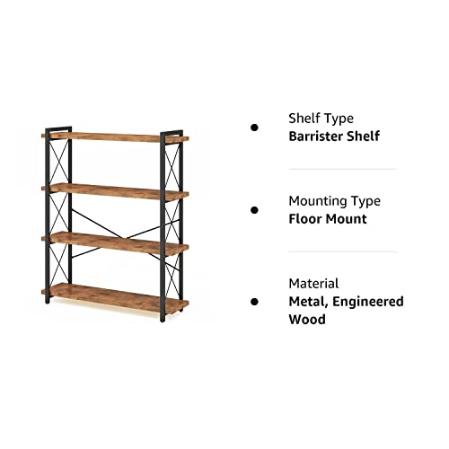 HCHQHS Bookshelf, 4-Tier Industrial Bookcase, Rustic Open Book Shelf, Freestanding Narrow Tall Bookshelves with Metal Frame