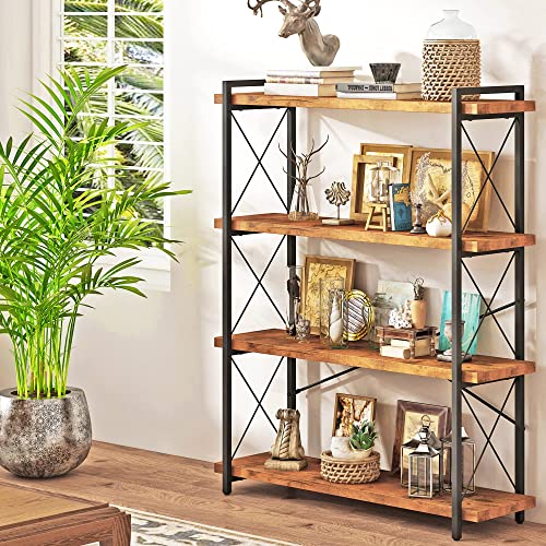 HCHQHS Bookshelf, 4-Tier Industrial Bookcase, Rustic Open Book Shelf, Freestanding Narrow Tall Bookshelves with Metal Frame