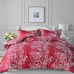 nanko burgundy red queen duvet cover set white floral tree branch pattern christmas 3pc size 90x90 microfiber comforter quilt bedding cover with zip ties - modern farmhouse for men and women teen girl