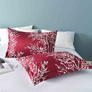 NANKO Burgundy Red Queen Duvet Cover Set White Floral Tree Branch Pattern Christmas 3pc Size 90x90 Microfiber Comforter Quilt Bedding Cover with Zip Ties - Modern Farmhouse for Men and Women Teen Girl