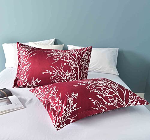 NANKO Burgundy Red Queen Duvet Cover Set White Floral Tree Branch Pattern Christmas 3pc Size 90x90 Microfiber Comforter Quilt Bedding Cover with Zip Ties - Modern Farmhouse for Men and Women Teen Girl